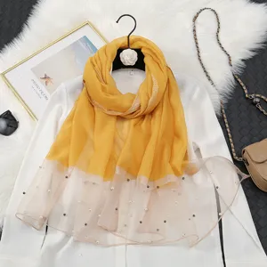 Yellow gradient organza scarf with pearls, stylish women's sun protection shawl and beach wrap.