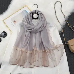 Women long silk blend organza scarf with pearls and gradient design for daily wear and travel.