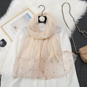 Elegant sheer organza pearl scarf women lightweight long beach shawl sun protection wrap.