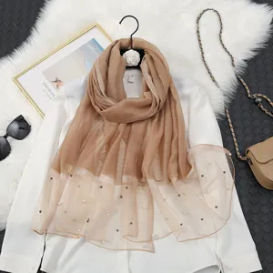 Elegant imitation silk organza long scarf with pearl beads for women's sun protection.