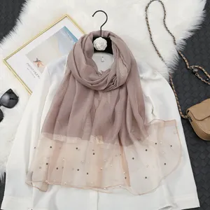Simulation silk organza pearl scarf women long sun protection shawl fashion beach towel detail