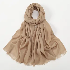 Solid color slub cotton scarf with fringe edge, soft lightweight women shawl for all seasons.