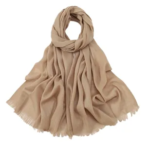 Solid color slub cotton scarf with fringed edges, versatile women's shawl and head wrap.