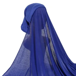 Blue long hijab cap set detail view, comfortable stretch fabric, elegant Muslim headwear.