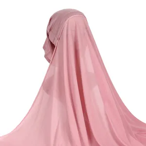 Detailed view of the dusty pink jersey hijab cap and attached long shawl, soft fabric drape and fit.
