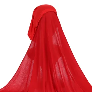 Women solid color hijab cap long scarf set polyester modal head wrap Muslim shawl red