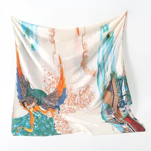 Exquisite traditional print satin square scarf, elegant oriental art design for women.