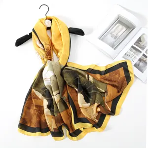 Elegant satin silk printed long scarf for women, vintage yellow floral shawl wrap.