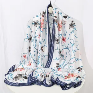 Elegant white silk satin floral print long scarf and sun protection shawl for women.
