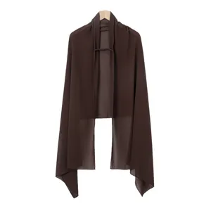 Brown chiffon pull-over hijab scarf with adjustable elastic band for daily comfortable wear.