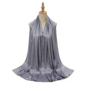 Women grey satin crinkle hijab long scarf smooth shawl elegant head cover textile accessory