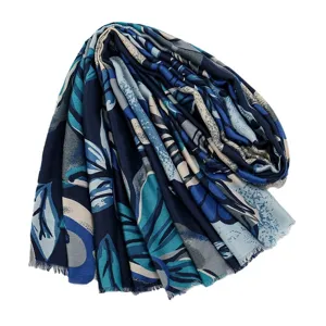 Écharpe élégante en coton et lin à imprimé botanique pour femme, châle d'hiver bleu.