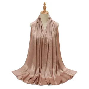 Women Solid Color Crinkled Satin Long Scarf Elegant Muslim Hijab Soft Shawl Wrap