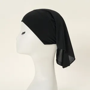 Close-up view of the black plain inner hijab cap showcasing the fabric texture and side cut.