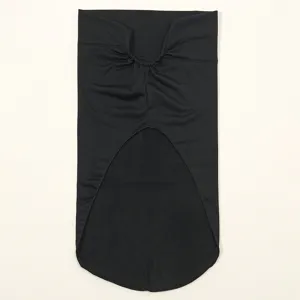 Detailed view of a black Muslim inner hijab cap with extended neck cover and pleated front.