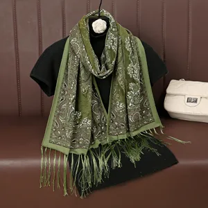 Green paisley lace shawl, hollow-out summer scarf with fringe for women, elegant boho design.