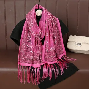 Pink paisley lace scarf detail, lightweight hollow burnout shawl with delicate fringe tassels.