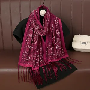 Women elegant paisley floral lace summer thin shawl breathable tassel decorative scarf