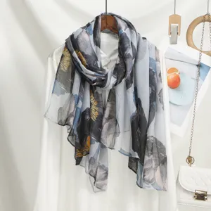 Women blue floral print lightweight long scarf fashion shawl soft voile neckerchief