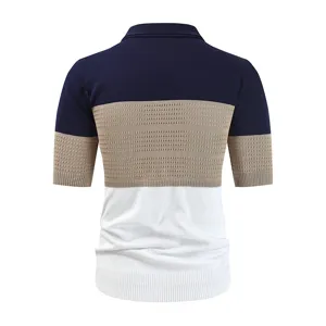 Men knit polo shirt detail back view, color block short sleeve top summer casual fashion
