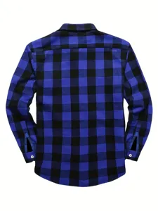 Men's blue and black plaid flannel long sleeve casual shirt back view detail display