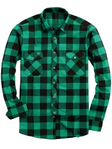 Men's green black plaid flannel long sleeve shirt with double chest pockets casual wear detail view