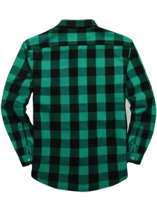 Detailed back view of the green and black flannel plaid long-sleeve shirt fabric texture.