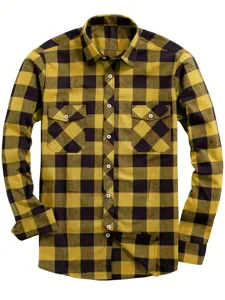 Yellow and black plaid flannel shirt detail, long sleeves, dual chest pockets, turn-down collar.