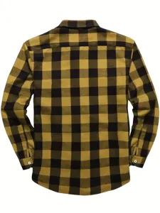 Men's yellow and black buffalo plaid flannel shirt, long sleeve casual button down top.