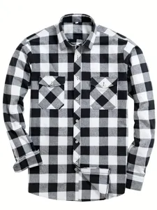 Black and white plaid shirt detail showing long sleeves and dual chest pockets.