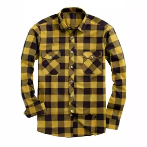 Herren gelb schwarz Flanell Karo Langarmhemd mit zwei Brusttaschen und Knopfleiste Design.