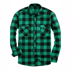 Men's green and black plaid flannel shirt with long sleeves and dual chest pockets.