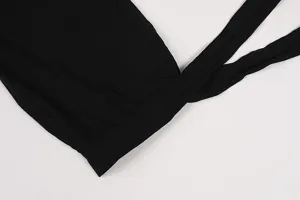 Detailed shot of medieval Renaissance black loose shorts waist with tie bands and elastic.