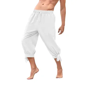 Men retro renaissance medieval loose knee length trousers detail drawstring tied cuff white