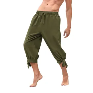 Men's retro Renaissance loose cropped pants with lace-up hem and elastic drawstring waist.
