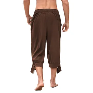 Retro Renaissance Men's Medieval Loose Capri Pants Drawstring Elastic Waist Brown Shorts