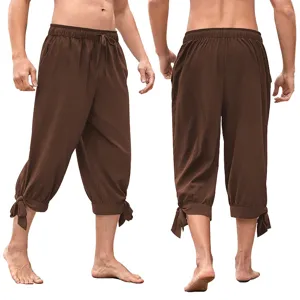 Mens vintage renaissance lace up knee length loose cargo capri pants casual brown trousers