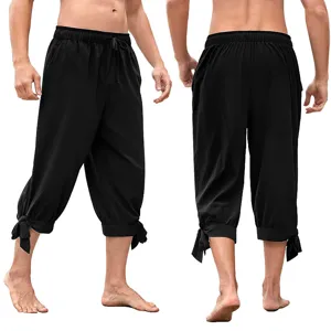 Men's vintage renaissance medieval cropped pants casual loose tie-up knee length trousers