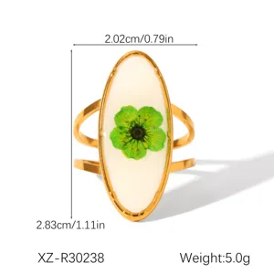 Detailed view showing dimensions of this stainless steel ring with green flower