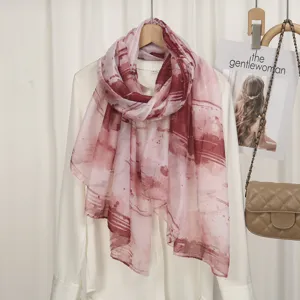 Women's pink abstract printed long scarf lightweight sheer voile spring fashion neck wrap