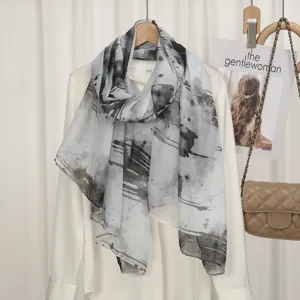 Women's abstract black and white print long scarf lightweight sheer fabric stylish neck wrap