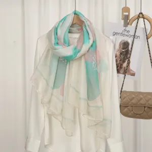 Floral Print Long Scarf Lightweight Voile Women Neck Scarf Elegant Drapery Shawl