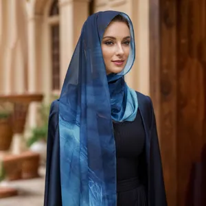 Details of the blue watercolor print hijab, premium lightweight long scarf for women.