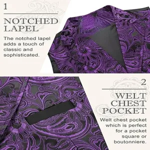 Detailopname van heren paisley vest met notch lapel kraag en paspelborstzakje klaar.