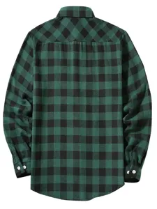 Detailed view of the green and black plaid flannel long sleeve shirt for men back.