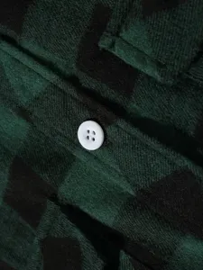 Green black plaid flannel shirt detail, soft brushed fabric, classic men button shirt.