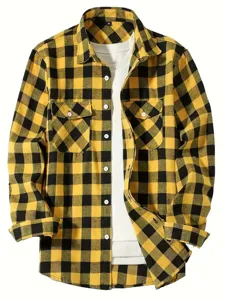 Men's yellow black plaid flannel shirt long sleeve double pocket button down casual top