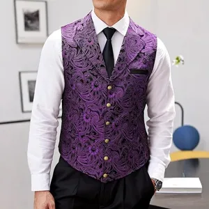 Heren vintage paarse paisley gilet revers single breasted vest voor feest bruiloft.