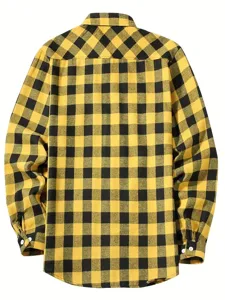 Men's yellow black buffalo plaid long sleeve shirt back view classic casual flannel shirt
