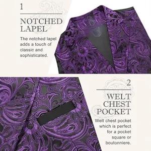 Heren paars zwart paisley vest vintage middeleeuwse kostuumweste met revers en borstzak.
